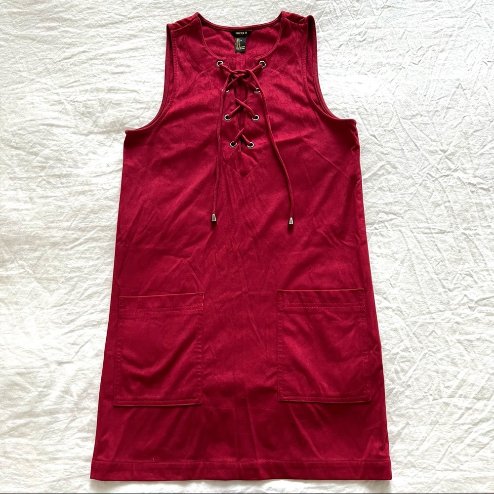 FOREVER 21 Burgundy Sleeveless Faux Suede Drawstring Front Dress